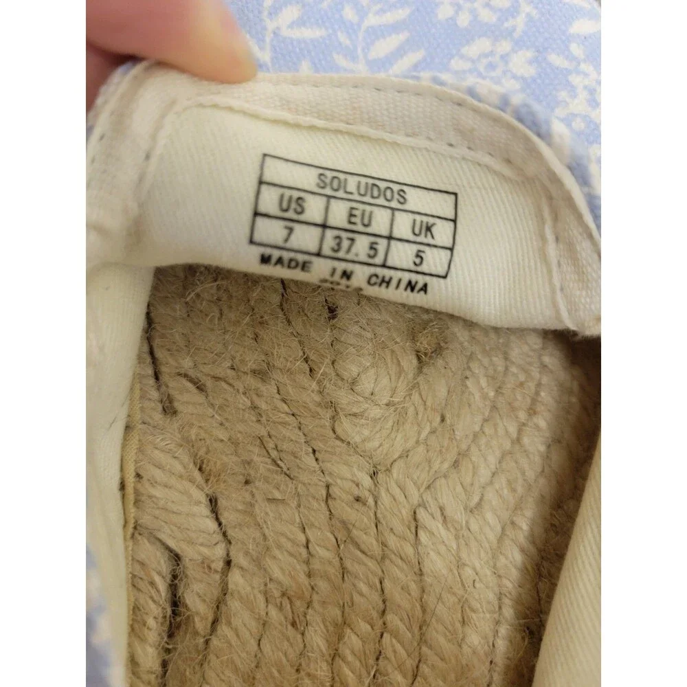Soludos Blue White Floral Canvas Espadrille Flats Slip-On Women's US 7 EU 37.5